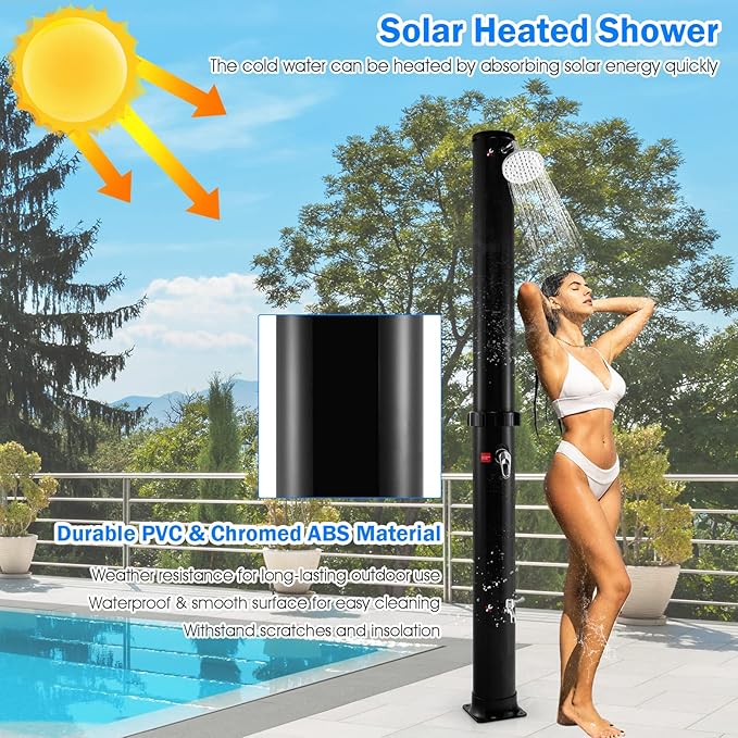 Giantex 7.2 FT 10 Gallon 2-Section Solar-Heated Outdoor Shower, Pool Shower W/Free-Rotating Shower Head, Foot Tap Spigot, Faucet, Temperature and Pressure Adjustment for Backyard, Garden, Beach Spa