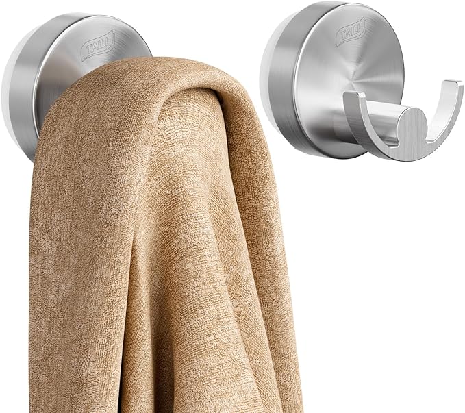 TAILI Stylish 304 Stainless Steel Bathroom Suction Hooks for Towel, Bathrobe, Loofah, No Damage Hanging Glass Shower Wall Hook, Patented Strong Suction Cup Holder, Hold Up to 11 Lbs, U-Cylinder Silver