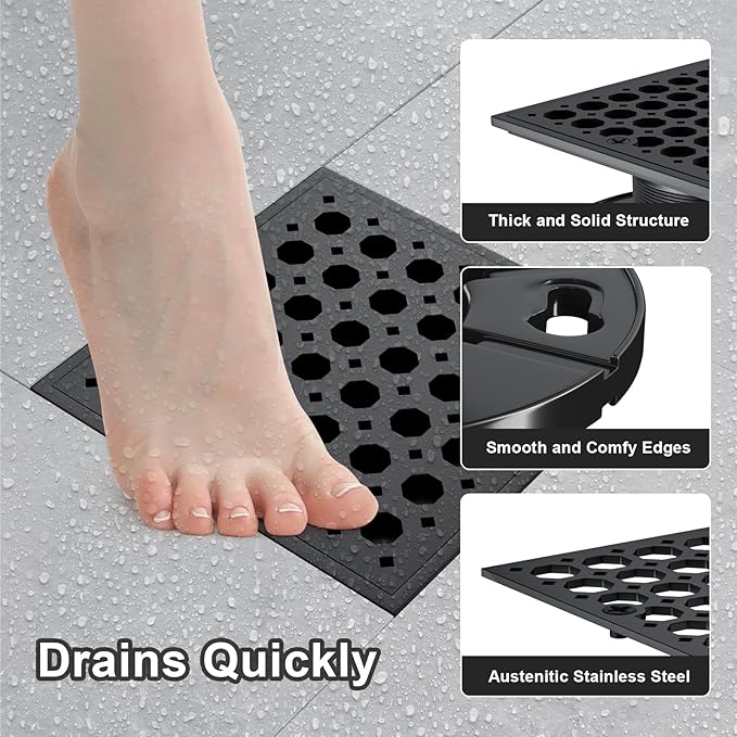 Uni-Green 4 Inch Shower Floor Drain with Flange, Square Shower Drain kit with Hair Strainer, Removable Octagon Strainer Cover, SUS 304 Stainless Steel & CUPC Certified - Matte Black