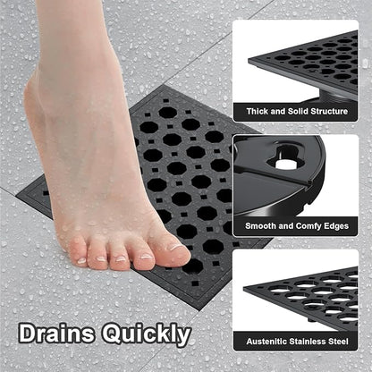 Uni-Green 4 Inch Shower Floor Drain with Flange, Square Shower Drain kit with Hair Strainer, Removable Octagon Strainer Cover, SUS 304 Stainless Steel & CUPC Certified - Matte Black