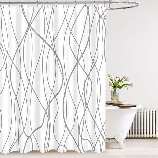 Tititex Morden 140gms Faux Linen Fabric Bath Shower Curtain Set Textured Fabric with White Gray Curve Pattern 72x72 Inch Water Resistant Bathroom Curtains, Weighted Hem & Hooks for Home/Hotel