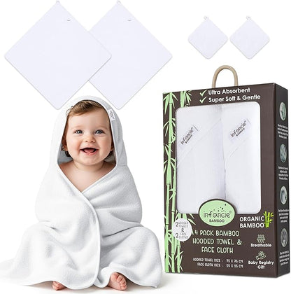 Bamboo Hooded Baby Towel with Face Cloth – 2 Hooded Towels (29x29 inches) & 2 Washcloths (9x9 inches) – Ultra Soft, Absorbent & Cozy Bath Set for Newborns and Infants