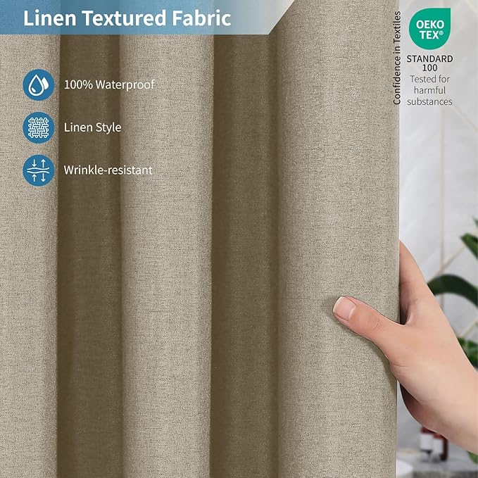 2-in-1 Waterproof Extra Long Fabric Shower Curtain or Liner,Linen Textured,96 Inch Breathable TPU & Washable Bathroom Shower Curtain Set with 12 Plastic Hooks,Modern,72"x96" Khaki
