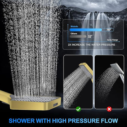Shower Faucet Set, 12" Wall Mount Rainfall Shower System with 2 Rain Shower Head and Multi-function Handheld Head Push Button Diverter Shower Faucet Trim Kit, Brushed Gold