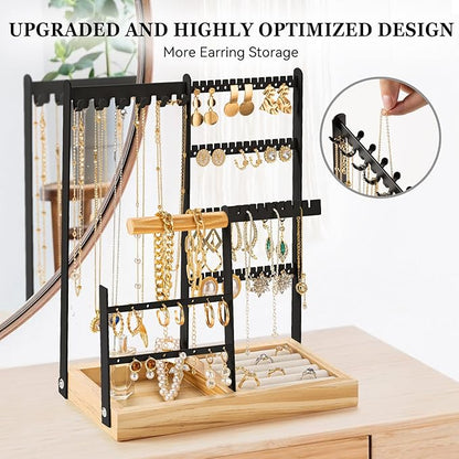 DreamGenius Jewelry Organizer Stand with Velvet Ring Holder, 4 Tier Jewelry Holder Organizer with 11 Hooks for Necklaces and 132 Holes for Earrings, Black