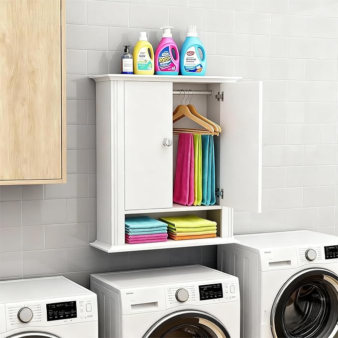 White Wall Cabinet, Over The Toilet Storage Cabinet, Bathroom Cabinet Wall Mount, 2 Doors & Hooks, Medicine Cabinet Organizer, Hanging Wall Cabinet Cupboard for Kitchen Laundry Room White