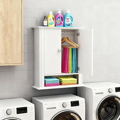 White Wall Cabinet, Over The Toilet Storage Cabinet, Bathroom Cabinet Wall Mount, 2 Doors & Hooks, Medicine Cabinet Organizer, Hanging Wall Cabinet Cupboard for Kitchen Laundry Room White