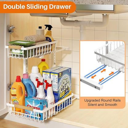 REALINN Under Sink Organizer, Height Adjustable Under Sink Organizers and Storage, 2 Tier Pull Out Drawer Cabinet Storage for Kitchen Bathroom, 1 Pack, White