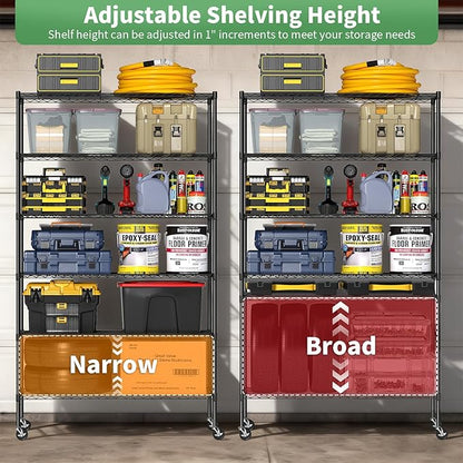 BestOffice Storage Shelves 6 Tier Metal Shelves Adjustable Garage Shelving Wire Shelving Unit Capacity 2100LBS with Wheels for Kitchen, Garage Pantry Closet Commercial,Black