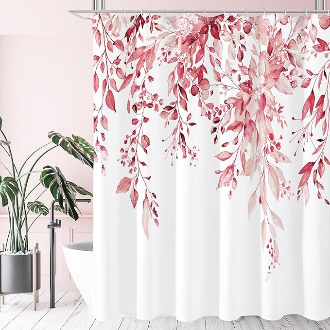Gibelle Long Shower Curtain 72 x 78, Tall Pink Floral Shower Curtain for Bathroom, Watercolor Plant Eucalyptus Leaves Fabric Shower Curtain Set