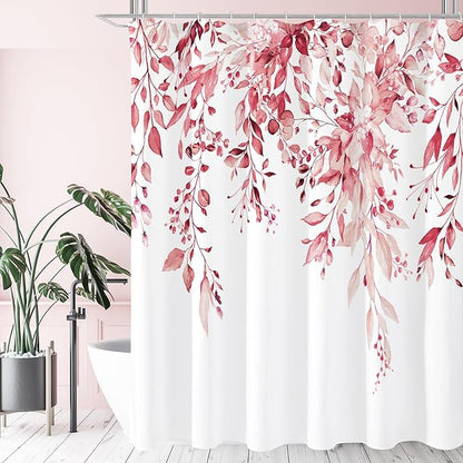 Gibelle Long Shower Curtain 72 x 78, Tall Pink Floral Shower Curtain for Bathroom, Watercolor Plant Eucalyptus Leaves Fabric Shower Curtain Set