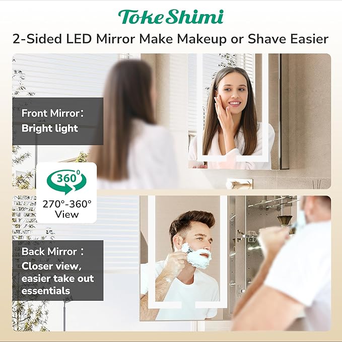 TokeShimi 36x24 Lighted Medicine Cabinet Mirror with Outlet, 3 Colors Dimmable Bathroom Mirror Medicine Cabinet Surface or Recessed Mount, Anti-Fog Mirror with Storage for Vanity and Modern Decor