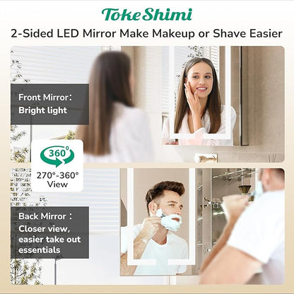 TokeShimi 20x26 Lighted Medicine Cabinet Mirrored Surface Mount 3 Color Dimmable, Anti-Fog Recessed Medicine Cabinet Mirror with Light and Outlet, 2-Side Led Bathroom Mirror with Storage