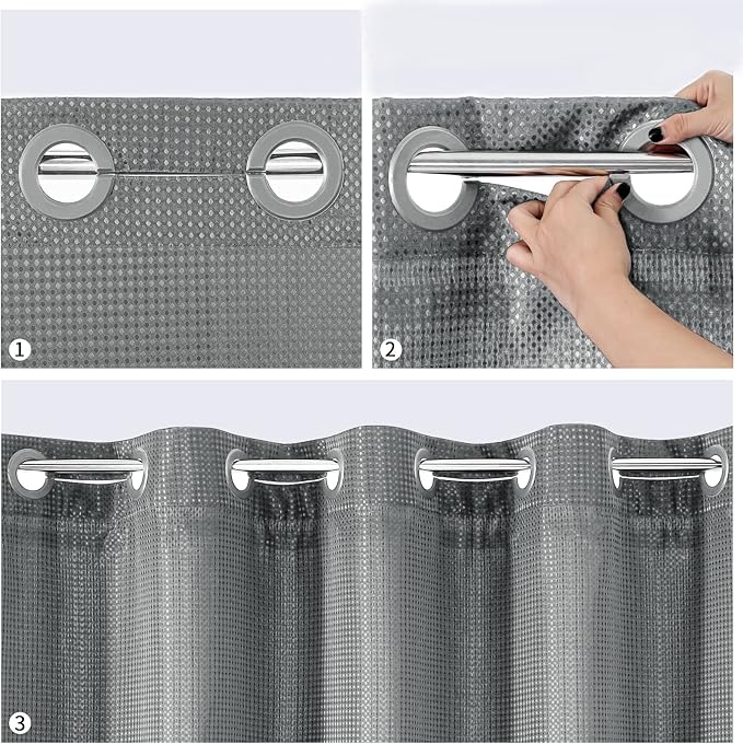 MitoVilla Black Waffle Small Stall Shower Curtain Liner Set 36 x 74, No Hooks Required Half Size Narrow Fabric Shower Curtain Set with Snap-in Liner for Modern Farmhouse Bathroom Decor