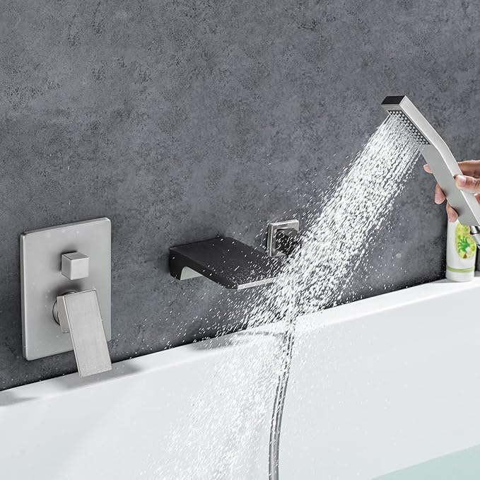 Wall Mount Tub Filler Faucet with Waterfall Tub Spout Waterfall Bathtub Faucet with Handheld Shower Modern Tub Filler Faucet Single Handle, Brushed Nickel