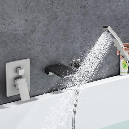 Wall Mount Tub Filler Faucet with Waterfall Tub Spout Waterfall Bathtub Faucet with Handheld Shower Modern Tub Filler Faucet Single Handle, Brushed Nickel
