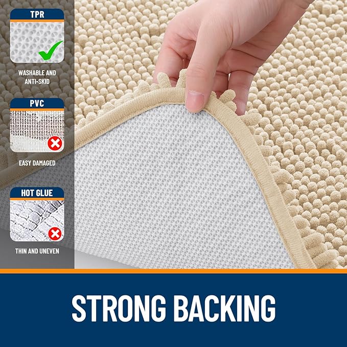 OLANLY Bathroom Rugs 47x20, Extra Soft Absorbent Chenille Bath Rugs, Rubber Backing Quick Dry, Machine Washable Bath Mats for Bathroom Floor, Tub and Shower, Home Decor Accessories, Beige