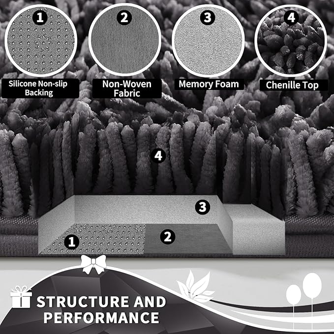 Yimobra Toilet Rugs U Shaped Washable, Extra Thick Soft Absorbent Chenille Contour Bathroom Rugs for Toilet 24x24 Inch, Quick Dry Non Slip Toilet Mat for Bath Floor, Dark Grey