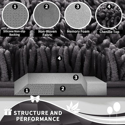 Yimobra Toilet Rugs U Shaped Washable, Extra Thick Soft Absorbent Chenille Contour Bathroom Rugs for Toilet 24x24 Inch, Quick Dry Non Slip Toilet Mat for Bath Floor, Dark Grey