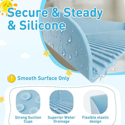 Roslim Splash Guard for Bathtub, Silicone Tub Water Splash Guard with Suction Cups, Bath Toy Tray Holder for Kids & Toddlers, Tub Shelf for Children Bathroom Essentials, Baby Blue