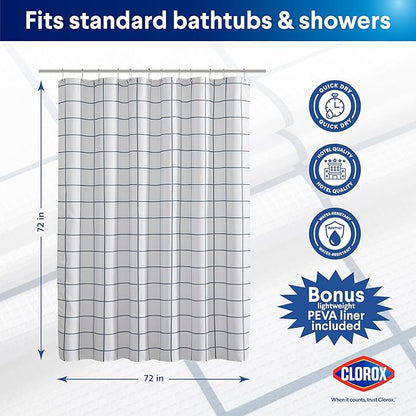 CLOROX Bathroom Waffle Windowpane Pattern Shower Curtain with Waterproof Lightweight PEVA Liner Set, Standard Size, Metal Grommets, No Hooks 72" x 72" - 2 Pc Set - Navy Blue w Frosty PEVA