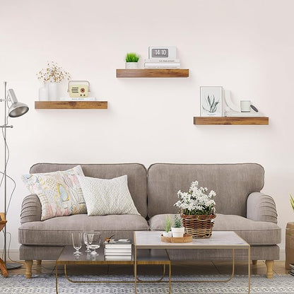 Floating Shelves for Wall Decor Set of 3, 15 Inch Wall Mounted Floating Shelf with Invisible Brackets, Rustic Wood Storage Shelf for Bathroom, Bedroom, Kitchen, Office, or Living Room, Rustic Brown