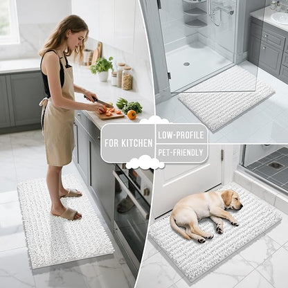 Yimobra Bathroom Runner Rug 70x24 Inch - Extra Long Non Slip Chenille Bath Mat, Soft & Absorbent, Machine Washable Shaggy Hallway Carpet for Vanity Tub Shower, White Home Decor Accessories