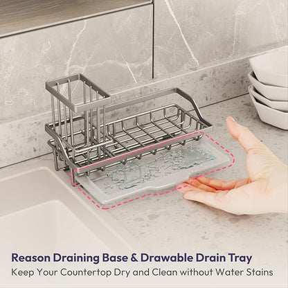 SWTYMIKI Sink Caddy Sponge Holder - Kitchen Sink Organizer with High Brush Holder for Countertop to Hold Dish Soaps and Sponges, Stainless Steel, Sand Nickel