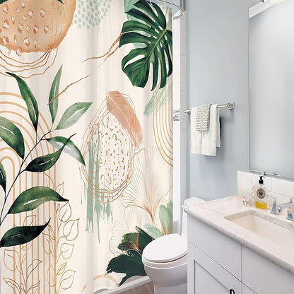 Boho Shower Curtain 48Wx72H Small Stall Narrow Abstract Mid Century Tropical Green Leaves Plant Palm Modern Geometric Arch Bathroom Decor Botanical Bath Curtain Fabric Polyester 8 Pack Hooks