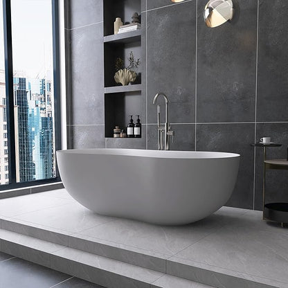 67 Inch Stone Resin Freestanding Bathtub, Contemporary Peanut Oval Stand Alone Soaking Tubs, Solid Surface Bathtub with Drain & Integrated Slotted Overflow Matte White AM331-1700