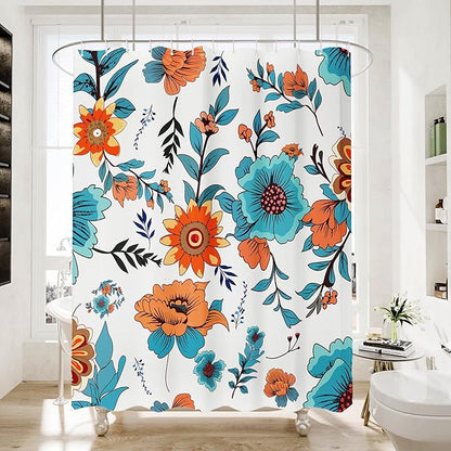 Bohemian Shower Curtain, Boho Floral Print Water Repellent Polyester Fabric for Bathroom Decor, 72×72 Inch Standard Size with 12 Hooks, Also as Room Divider