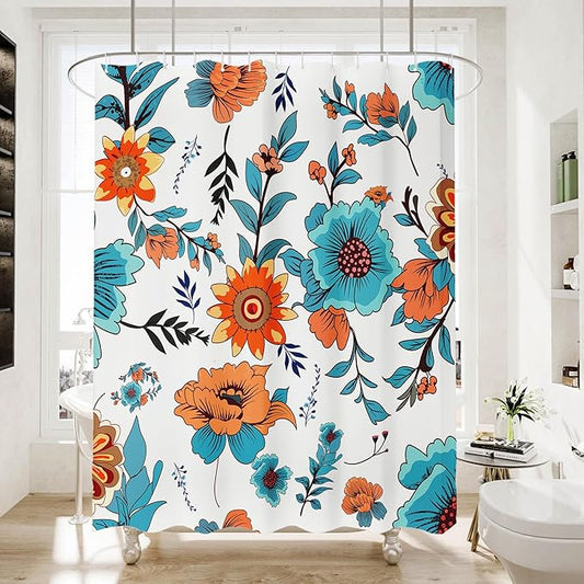 Bohemian Shower Curtain, Boho Floral Print Water Repellent Polyester Fabric for Bathroom Decor, 72×72 Inch Standard Size with 12 Hooks, Also as Room Divider