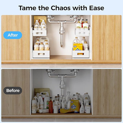 2 Pack Under Sink Organizer, Adjustable Height Under Sink Organizers and Storage, Smooth & Silent Sliding Out Metal Drawer for Kitchen Bathroom Pantry Cabinet Closet (White)