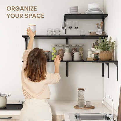 Fun Memories Floating Shelves for Wall, 12 Inch Deep Floating Shelves Set of 2, Wall Mounted Shelf with Metal Brackets, Rustic Wood Wide Shelf for Bathroom, Kitchen and Living Room, Black, 24W x 12D