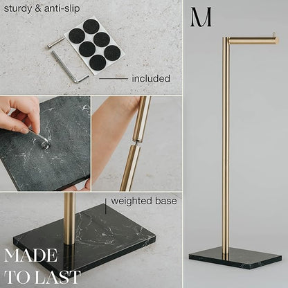 MARMOLUX ACC Free Standing Gold Toilet Paper Holder Stand with Black Marble Base and Storage | 4 Jumbo Roll Bathroom Hardware Toilet Tissue Organizer | Stainless Steel Bathroom Decor Accessory