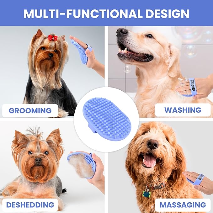 We Love Doodles (Short Pins) Pet Rubber Bath Brush and Dog Shampoo (Bundle) - for Shower Scrubbing & Soothing Massage and Organic Dog Shampoo, Conditioner & Detangler - Made in The USA