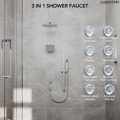 10" High-Pressure Rainfall Shower Faucet with Handheld Spray, Wall Mount Dual Shower Head System with Slide Bar (Brushed Nickel)