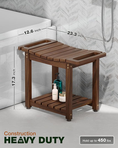 BLUEWEST Shower Bench Seat with Storage Shelf, Natural Wood Shower Benches for Inside Shower to Sit on, Waterproof Bathroom Spa Bench Stool for Legs Shaving with Built-in Handle & Shower Head Holder
