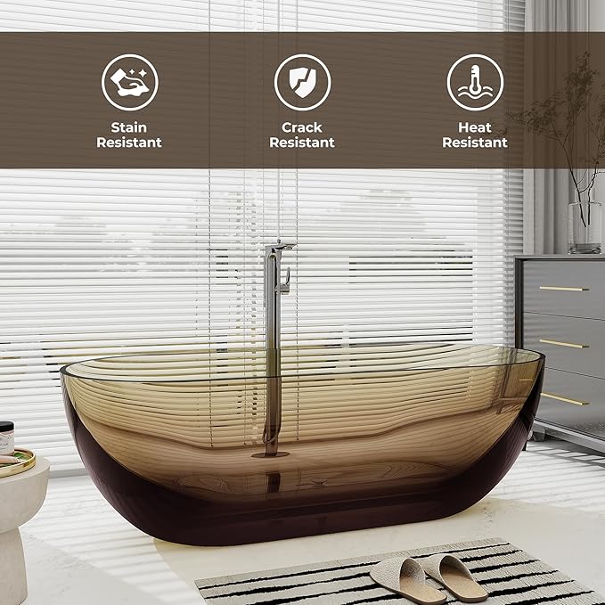SJ STAR&JANE 69" Solid Surface Freestanding Bathtub Stone Resin Oval Soaking Tub Stand Alone Tub with Pop-up Drain Transparent Sepia