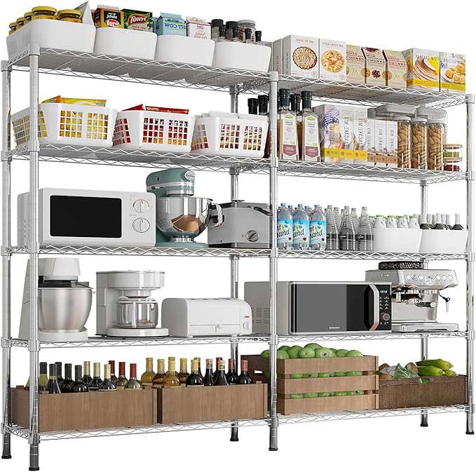 5 Tier Storage Racks Shelving, Heavy Steel Pantry Shelves, Adjustable Wire Shelving Rack, Suitable for Garage, Kitchens, Offices, 58" W x 14" D x 71" H, Chrome