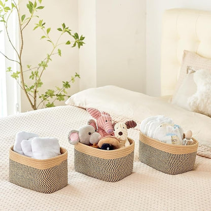 Small Cotton Rope Basket – Storage Bin for Organizing (10.6" x 6.7" x 6.7"), Bathroom Storage Basket for Shelf, Counter & Closet（Camel & Mixed Black）