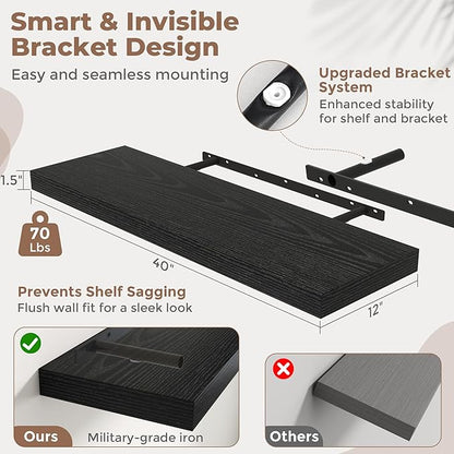 40 Inch Long Floating Shelves for Wall Set of 2, 12"D Wood Grain Bathroom Shelves with Invisible Brackets, Easy Install Engineered Wood Storage Shelves for Kitchen, Living Room, Bedroom, Black Finish
