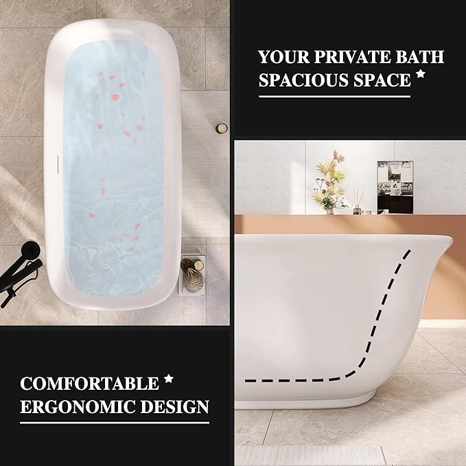 67" Acrylic Freestanding Bathtub, Soaking Tub for Bathroom, Stand Alone Tub, cUPC Certified, Integrated Overflow and Drain, Gloss White