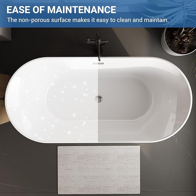 Freestanding Bathtub 59 Inch Oval Acrylic Soaking Tub – Glossy White Flared-Edge Free Standing Bath Tub with Pop-Up Drain & Overflow for Spa Bathrooms