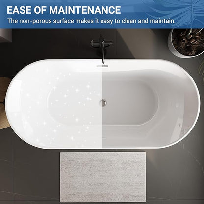 Freestanding Bath Tub 59 Inch Acrylic Oval Soaking Tub – Extra Large Freestanding Bathtub for Modern Bathroom Remodel, Stand Alone Soaking Tub for 1–2 People, Integrated Overflow, Glossy White Finish