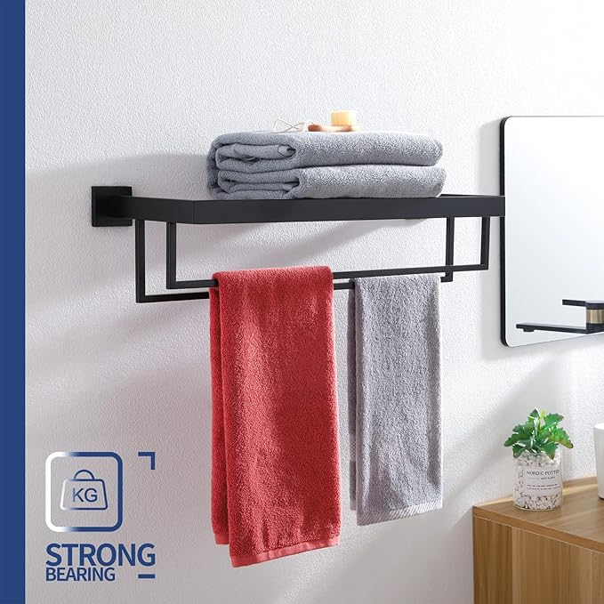 KOKOSIRI Black Towel Rack 20'' Bathroom Towel Shelf with Double Towel Bars SUS304 Matte Black Stainless Steel Wall Mounted, B6003BK-L20