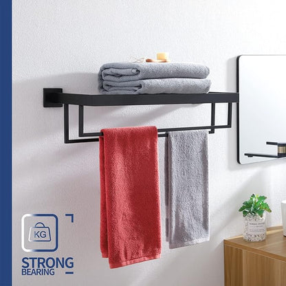 KOKOSIRI Black Towel Rack 20'' Bathroom Towel Shelf with Double Towel Bars SUS304 Matte Black Stainless Steel Wall Mounted, B6003BK-L20