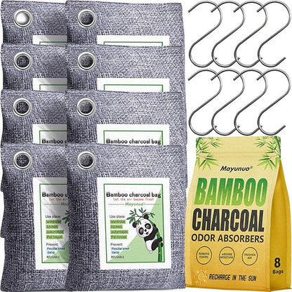Activated Charcoal Odor Absorber for Strong Odor, Basement, Cars, Closets, Shoes, Smoke. 8 Pack Bamboo Charcoal Air Purifying Bags Deodorizer Odor Eliminator for Home