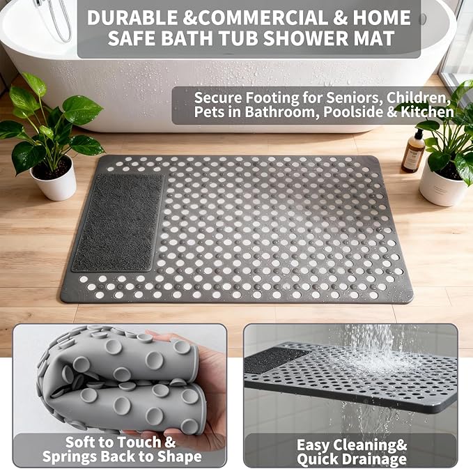 Bath Tub Shower Mat with Soft Shower Foot Scrubber Mat for Massage,Non Slip Bathtub Mat with Strong Suction Cups, Silicone Shower Foot Scrubber Mat (Gray, 31.5" X 19.7"(Rectangular))