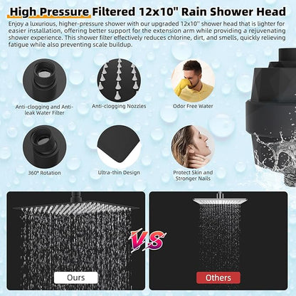Hibbent All Metal 12'' Filtered Rainfall Shower Head with Handheld Combo, High Pressure Shower Wand, 16'' Adjustable Extension Arm, 20 Stage Shower Filter, 71'' Hose, Shower Holder, Matte Black